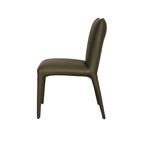 Olive upholstered dining chair with tall backrest, cushioned seat, tapered legs