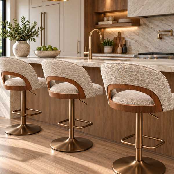 Victoria Kitchen Bar Stool Modern Backrest Charcoal Textured Fabric Timber Accent Bronze Pedestal Hydraulic Swivel Base Front Angle Lifestyle