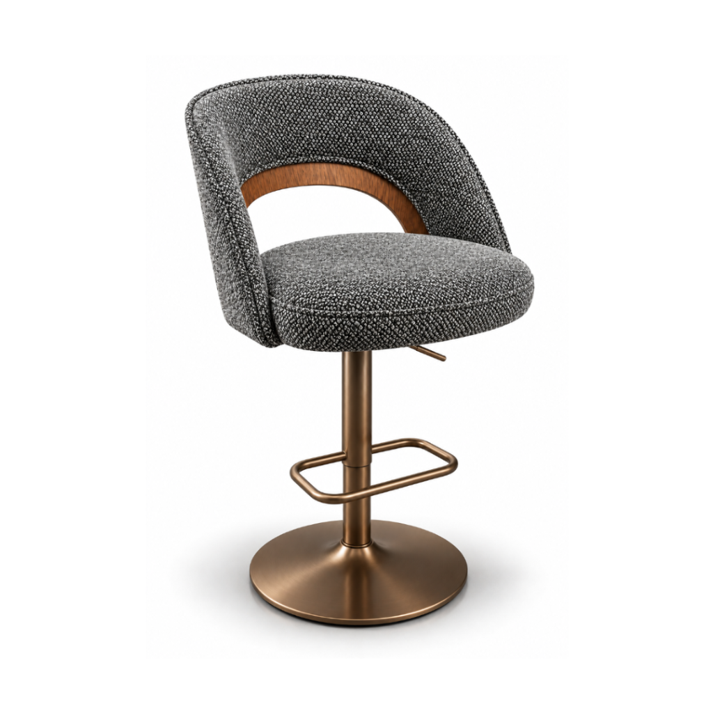 Victoria Kitchen Bar Stool Modern Backrest Charcoal Textured Fabric Timber Accent Bronze Pedestal Hydraulic Swivel Base Front Angle