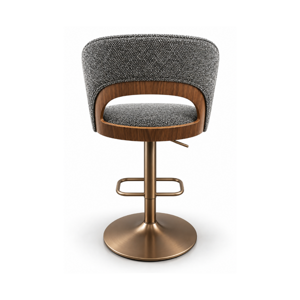 Victoria Kitchen Bar Stool Modern Backrest Charcoal Textured Fabric Timber Accent Bronze Pedestal Hydraulic Swivel Base Rear Angle