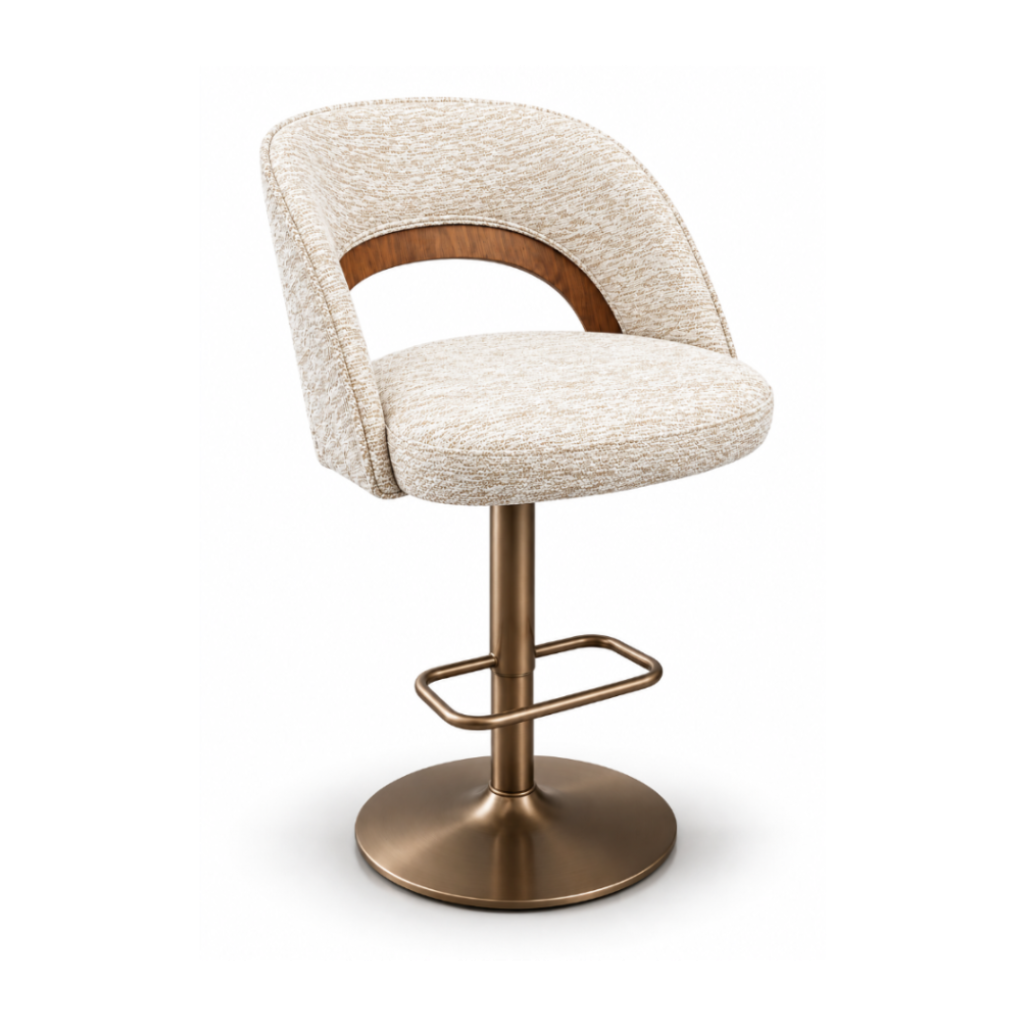 Victoria Kitchen Bar Stool Modern Backrest Whitewash Textured Fabric Timber Accent Bronze Pedestal Hydraulic Swivel Base Front Angle