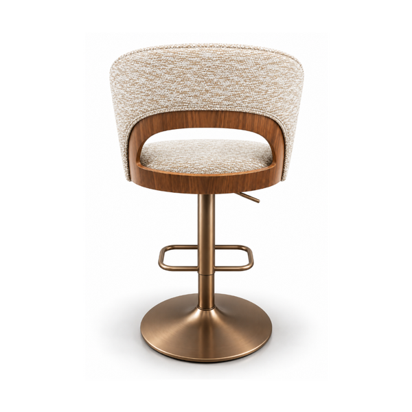 Victoria Kitchen Bar Stool Modern Backrest Whitewash Textured Fabric Timber Accent Bronze Pedestal Hydraulic Swivel Base Rear Angle