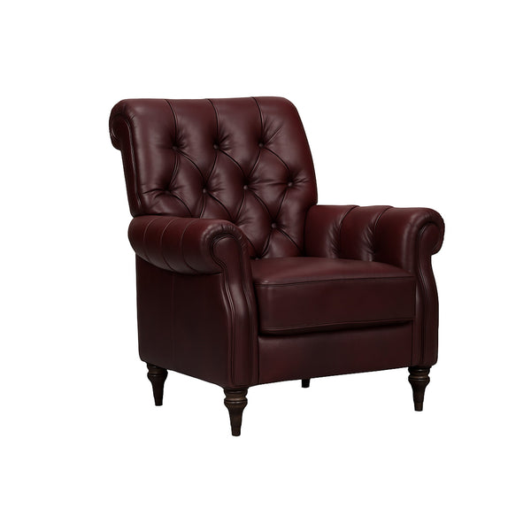 Burgundy Chesterfield accent chair with tufted back, rolled arms, and turned legs