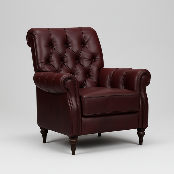 Dark burgundy Chesterfield accent chair with button-tufted back and rolled arms