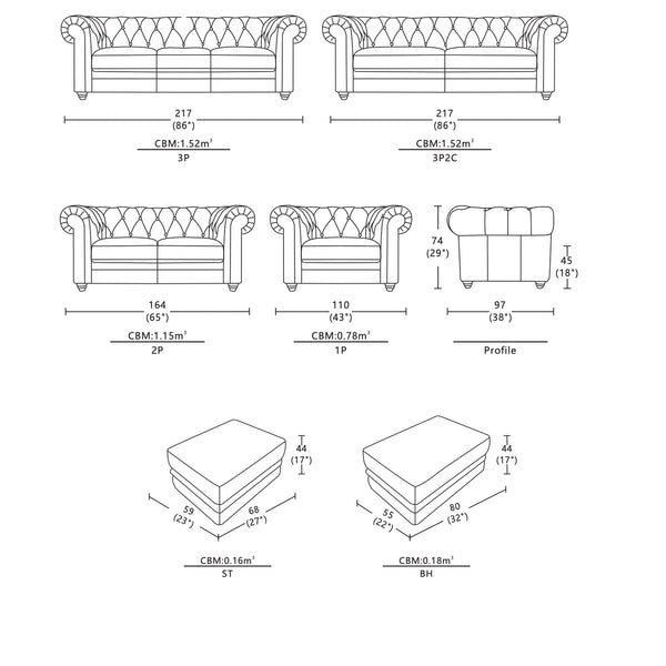 Chesterfield-style sofa line drawing showing dimensions and seating layout