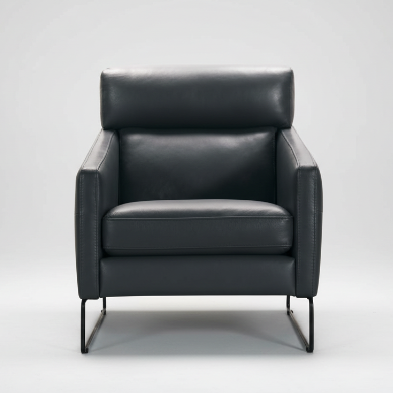 Leather accent chair, dark charcoal, padded arms and back, black metal legs