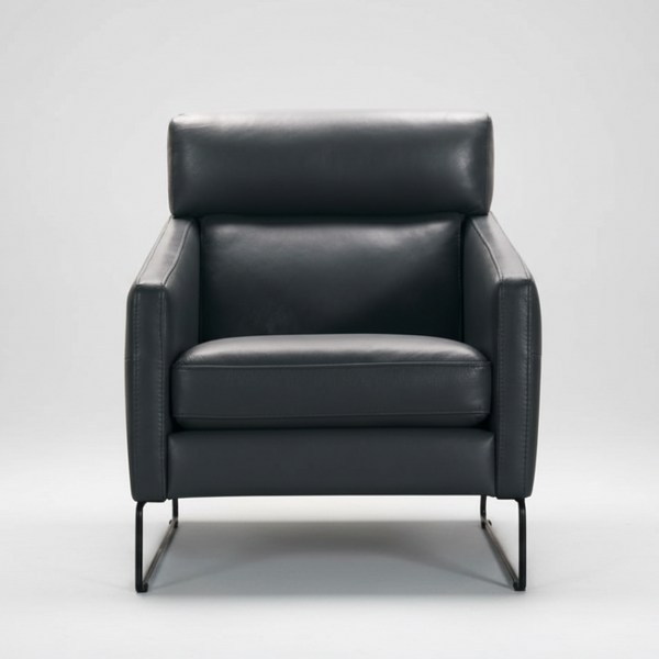 Leather accent chair, dark charcoal, padded arms and back, black metal legs