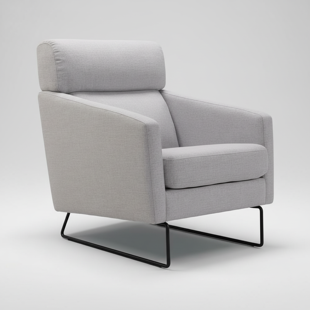 Light gray fabric accent chair with wide arms, padded seat, and black metal base.