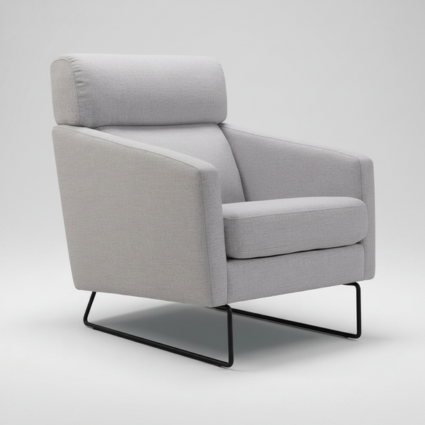 Light gray fabric accent chair with wide arms, padded seat, and black metal base.