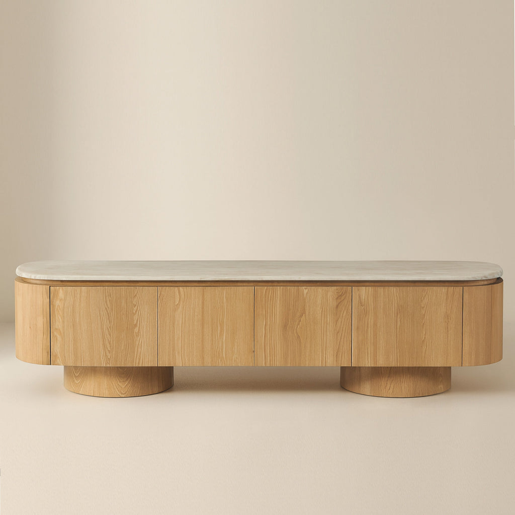 Rounded wooden TV console with curved top and panel front, 2 m length