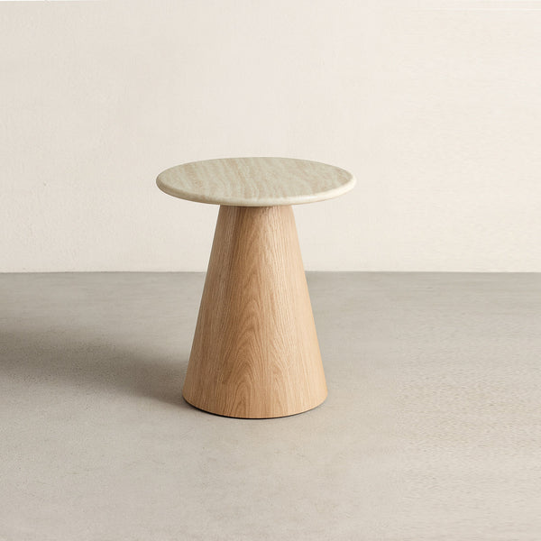 Light wood small round accent table with tapered pedestal base
