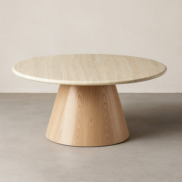 Light wood round accent table with flared pedestal base