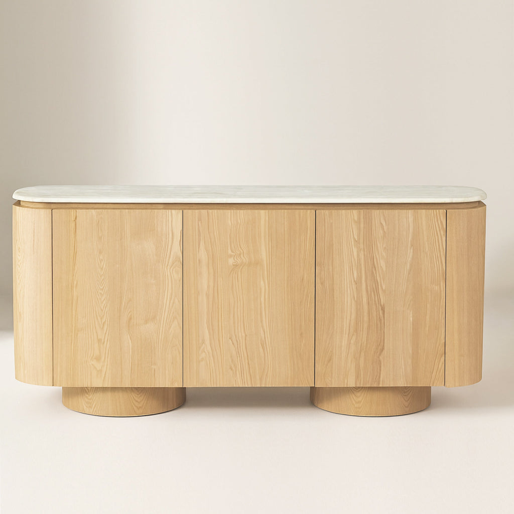 Light wood buffet cabinet with rounded drum-style base and smooth front panel
