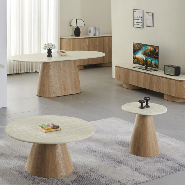 Set of light wood round accent tables with pedestal bases