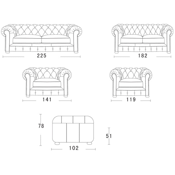 Chesterfield sofa dimension diagram with seat widths and overall measurements