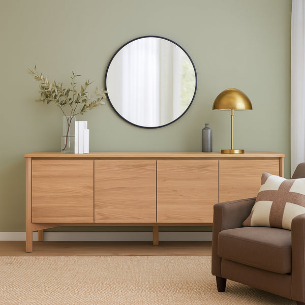 Four-door wooden buffet sideboard with long top and tapered legs