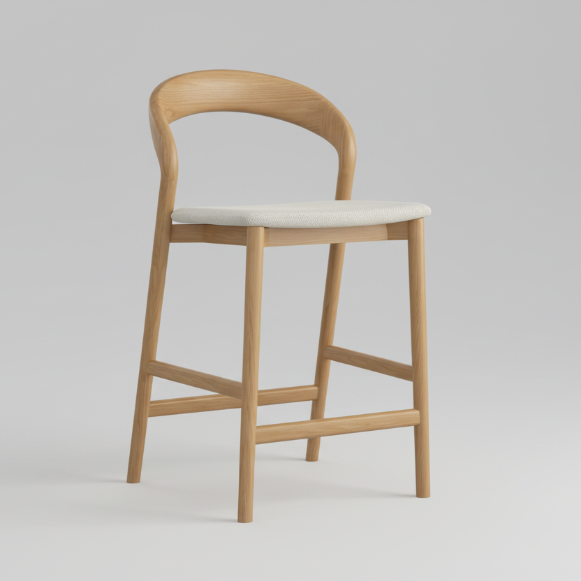 Natural oak bar stool with light gray upholstered seat and footrest