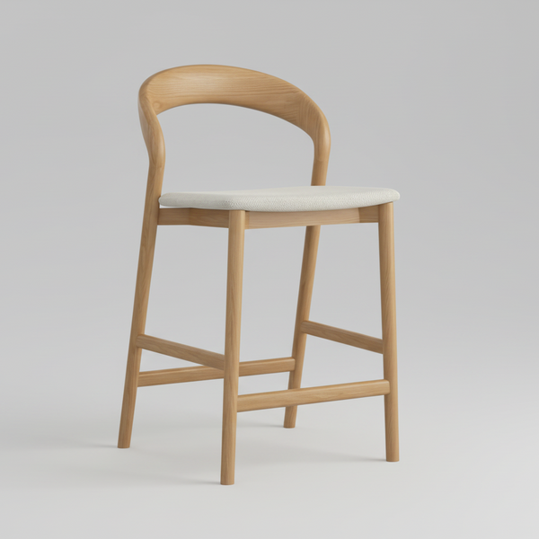Natural oak bar stool with light gray upholstered seat and footrest
