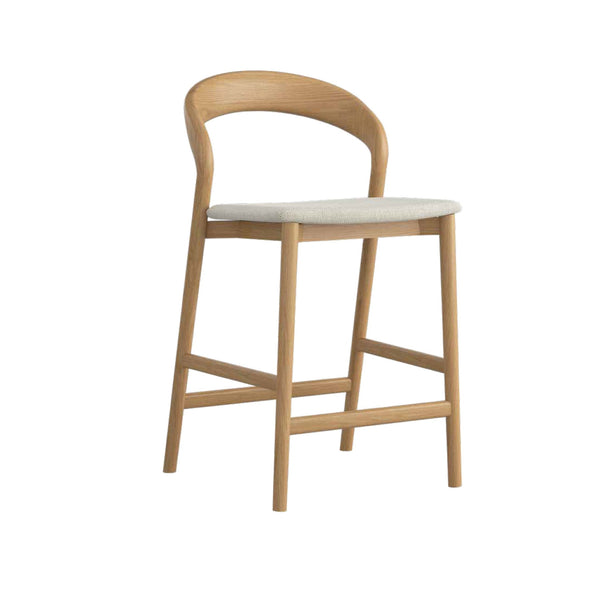 Natural oak bar stool with light gray fabric seat and curved back