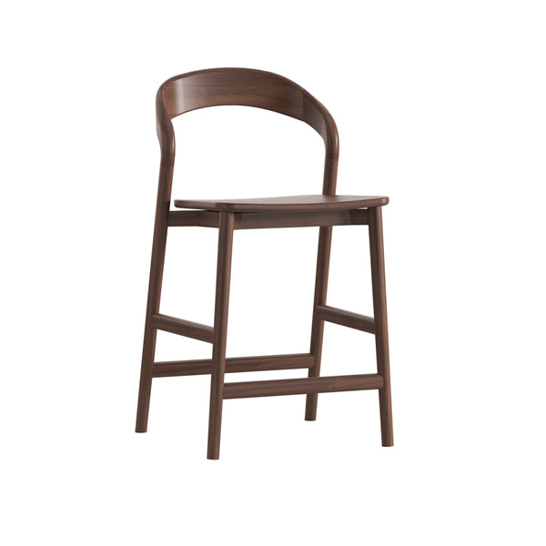 Walnut bar stool with arched back and solid seat, four tapered legs, rung stretchers