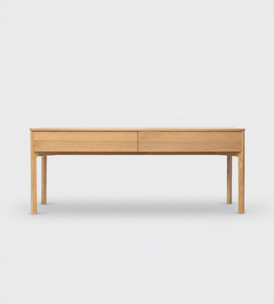 Light wood console table with two drawers and straight tapered legs