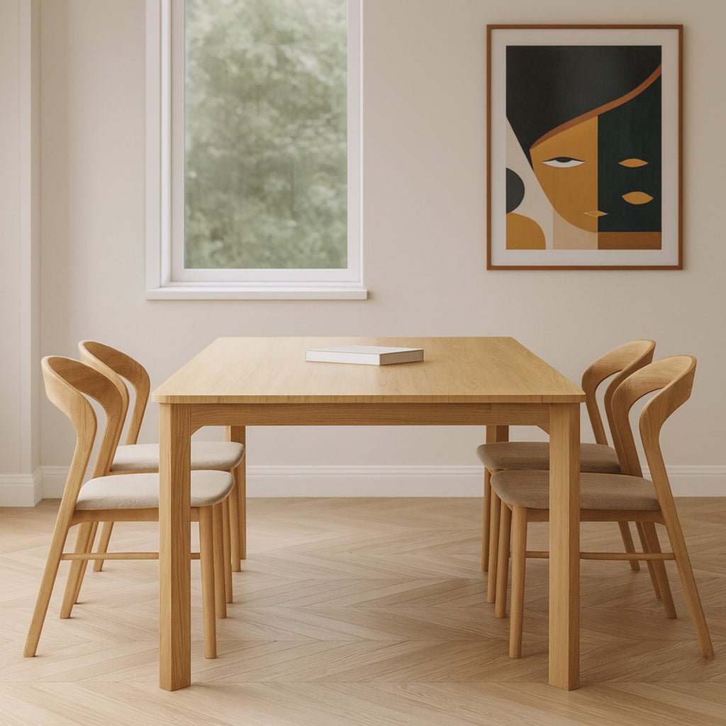 Light wood dining table with four matching chairs around it