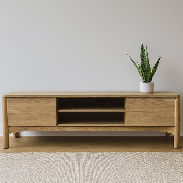 Wood TV cabinet with open media shelf, side storage compartments, and tapered legs