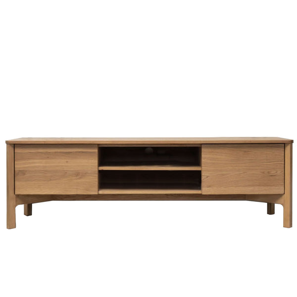 Wood TV console with central open shelf, two side doors, and tapered legs