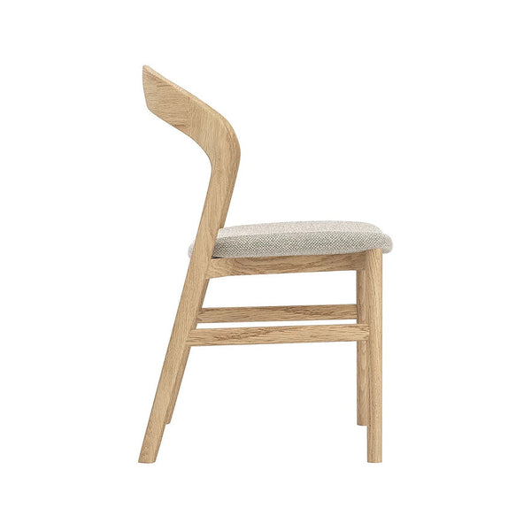 Natural oak dining chair with curved arms and light gray upholstered seat
