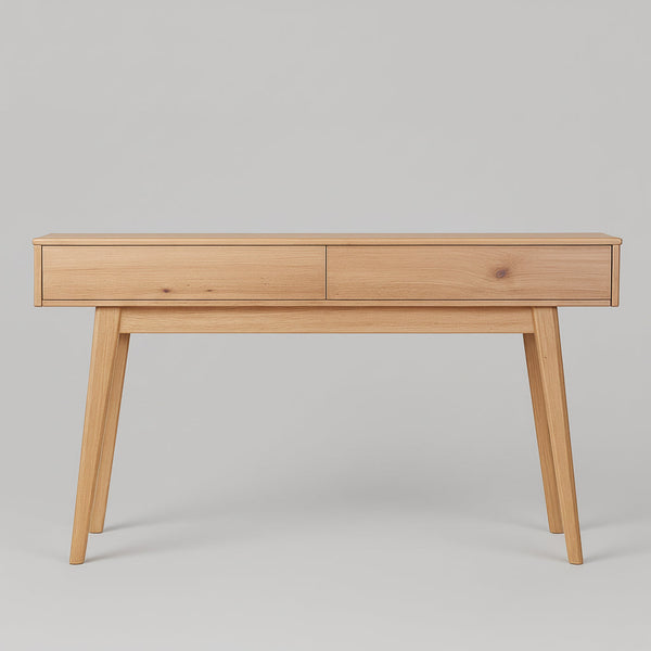 Light wood console table with single drawer and open lower shelf