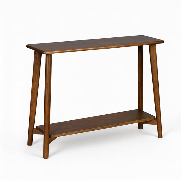 Light walnut console table with open lower shelf and tapered legs