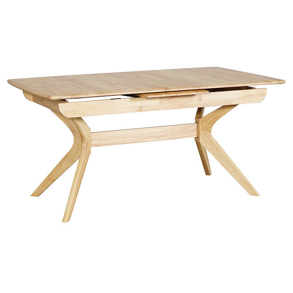 Light natural wood extension dining table with open leaf slot and tapered legs