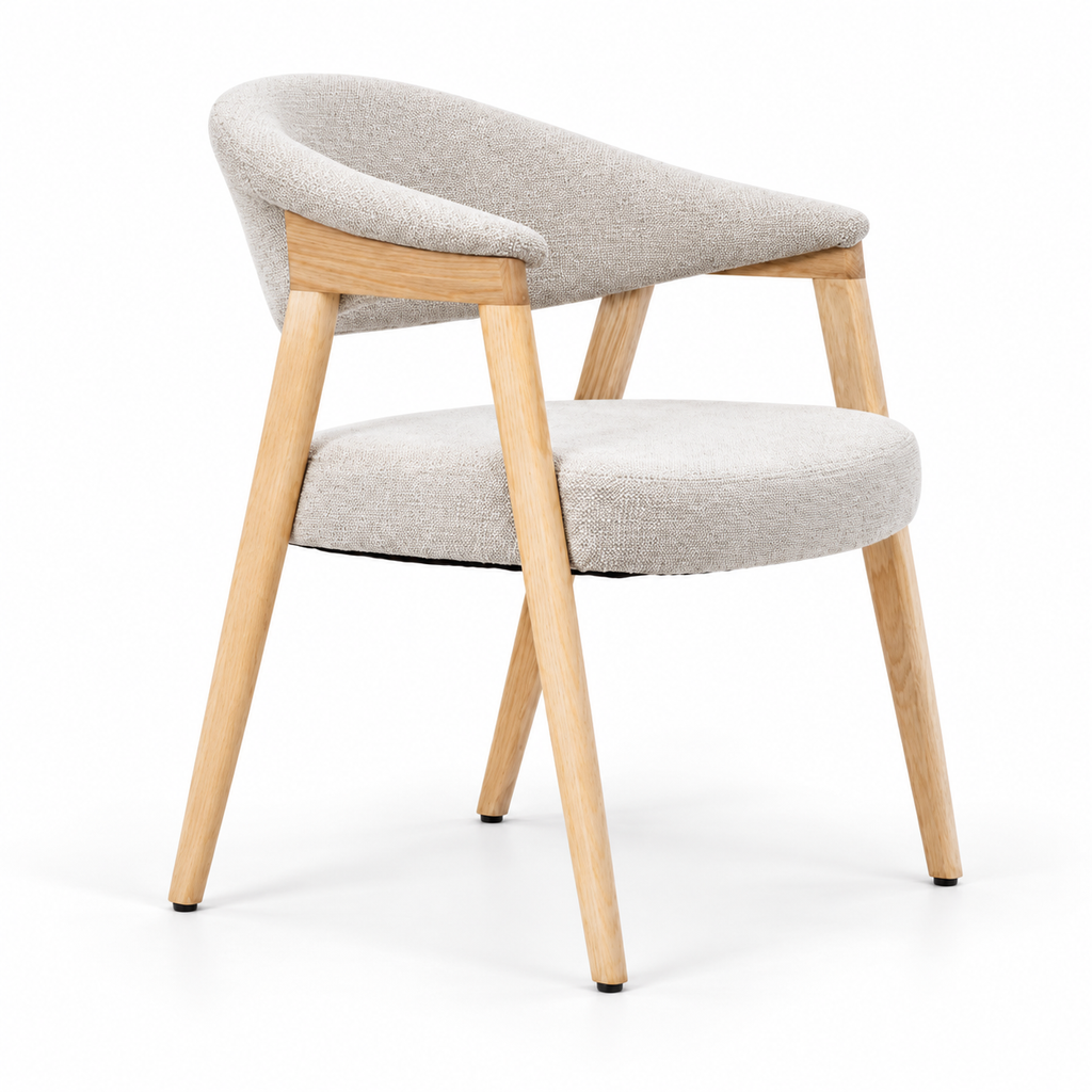 Yuki dining armchair with cream fabric upholstery and natural oak timber frame