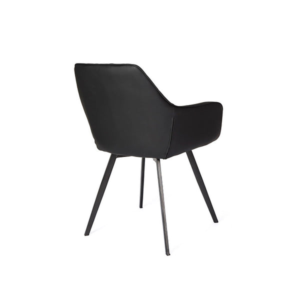 Black dining chair with smooth backrest, curved arms, and four slim metal legs