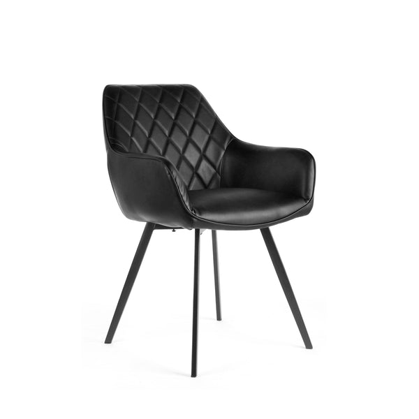 Black dining chair with quilted back, curved arms, and four slim legs