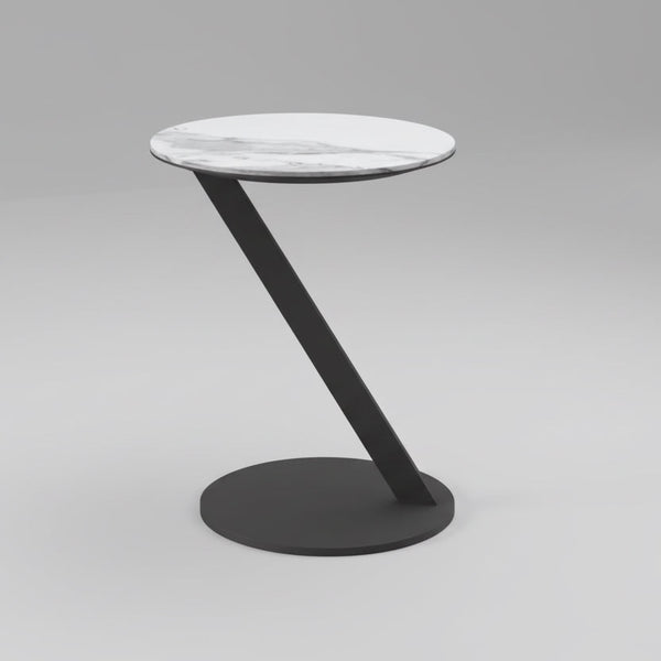 Zyra side table with round white marble-look top and black pedestal base