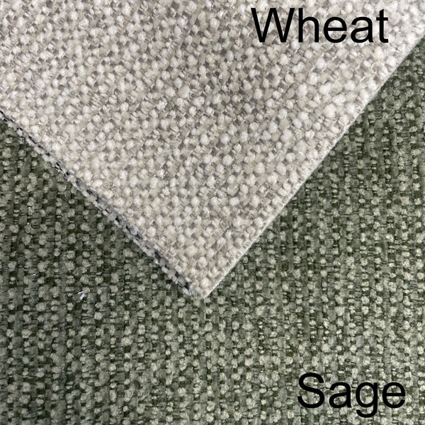 Wheat and sage sofa fabric swatches, textured woven surface