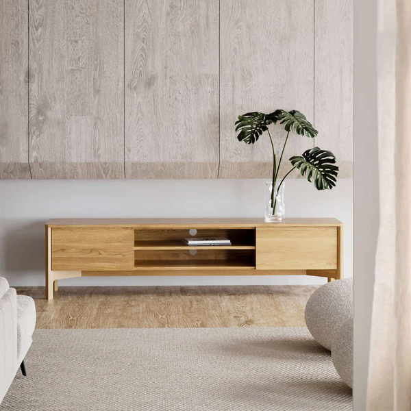 Low wooden TV unit with open media shelf and side doors, tapered legs