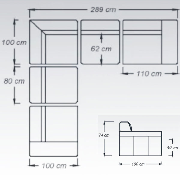 Modular sofa layout diagram with dimensions, showing left section and corner seating.