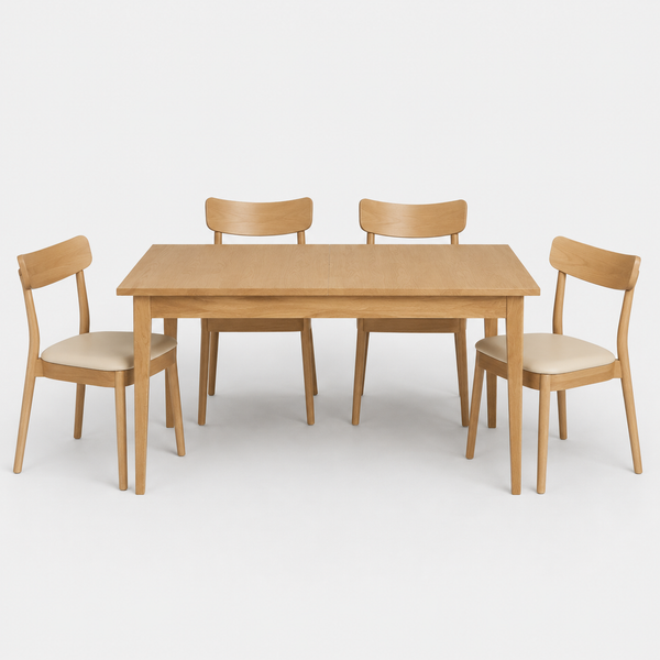A light natural wood dining table with four matching chairs, including two with cream upholstered seats, shown on a seamless light gray studio background.