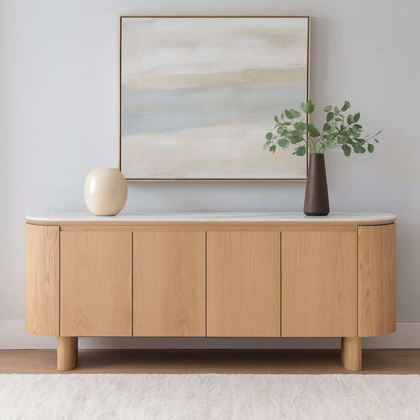 Wood buffet cabinet with front doors and rounded legs, light tabletop