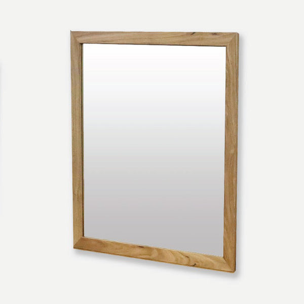 Light wood framed wall mirror with simple beveled border