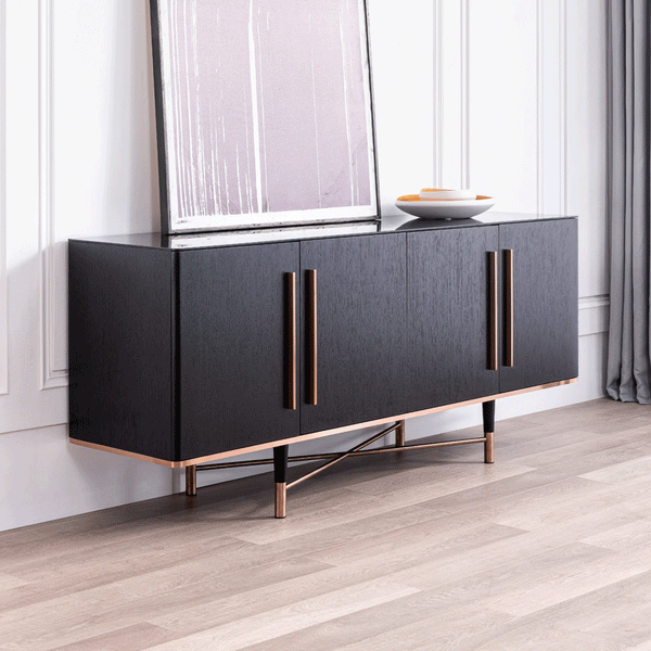 Anastasia buffet features a Black Glass Top with Black Woodgrain and Rose Gold Accents