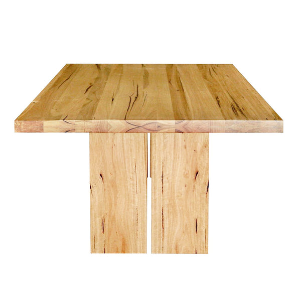 Sienna dining table with twin pedestals in messmate hardwood side on photo