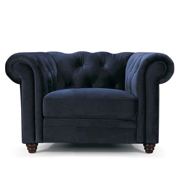 1 seater Vintage Chesterfield Sofa in navy blue velvet with Studs Vintage Classic Design